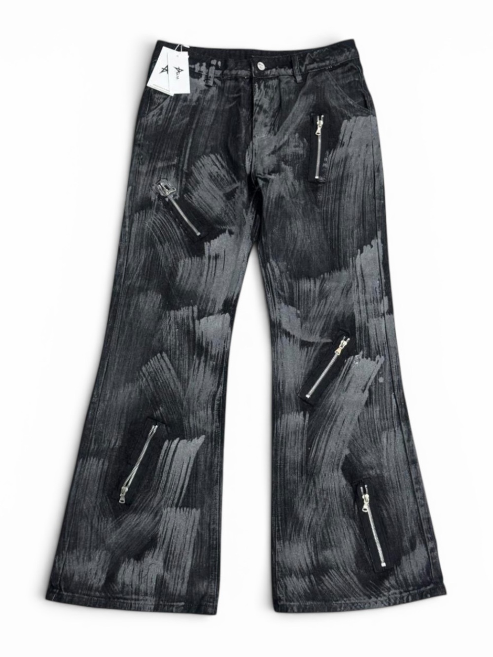 NWT Arts Korean Man Grunge Zipper Detail Grey Graphic Flare Pants (Women’s L)